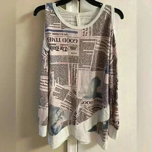 Honeyme pink cotton blend top/tunic cold shoulder newspaper novelty print. Large